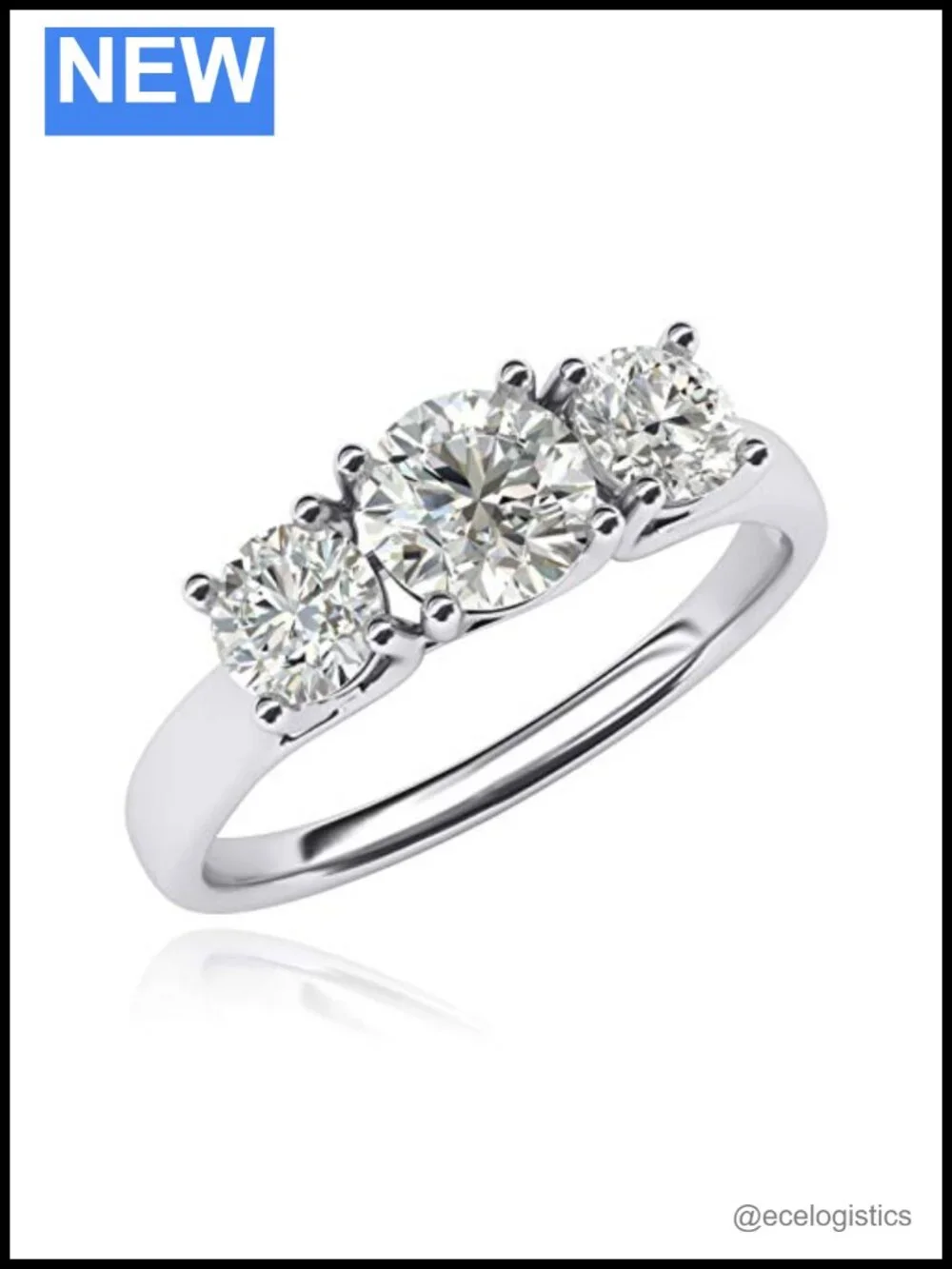 14k White Gold Genuine Moissanite Three Stone Trellis Promise Engagement Ring
